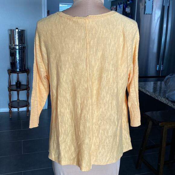 Eileen Fisher women’s tangerine peach linen blend shark bite 3/4 sleeve sweater - Picture 6 of 7